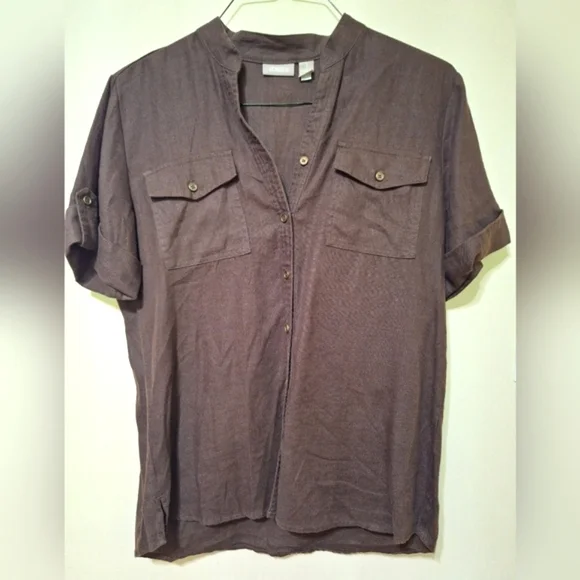 NWOT Chico's women's size 1 US 8 100% linen brown shortsleeve button up top - Picture 1 of 7